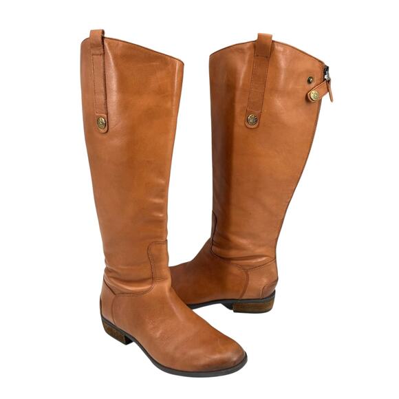 Sam Edelman Wide Penny Whiskey Brown Leather Tall Heeled Equestrian Riding Boots - Picture 4 of 12